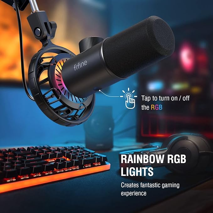 FIFINE USB Gaming Microphone, RGB Dynamic Mic for PC
