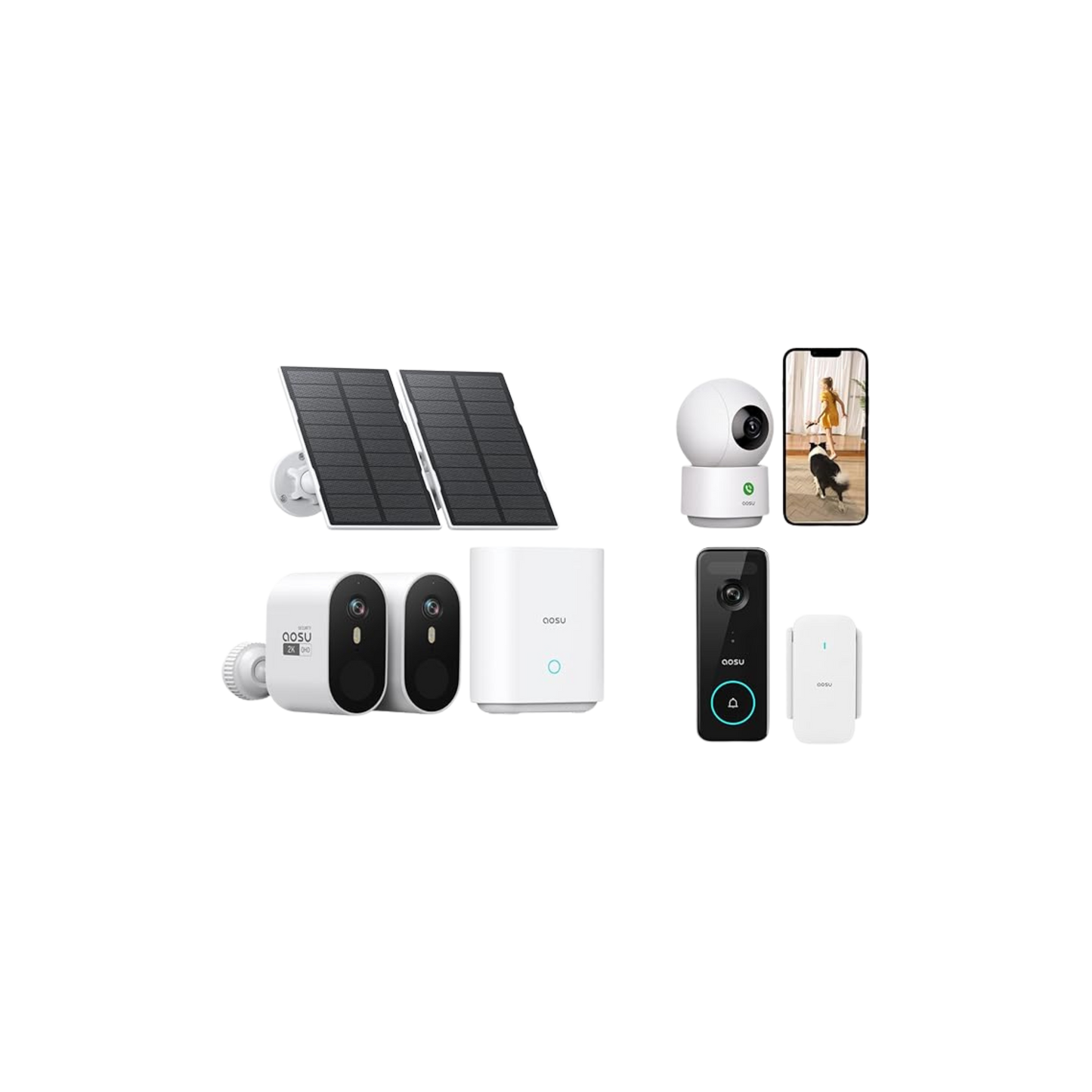 AOSU SolarCam Pro System 2-Kit + 2K Indoor Camera + 5MP Doorbell Camera
