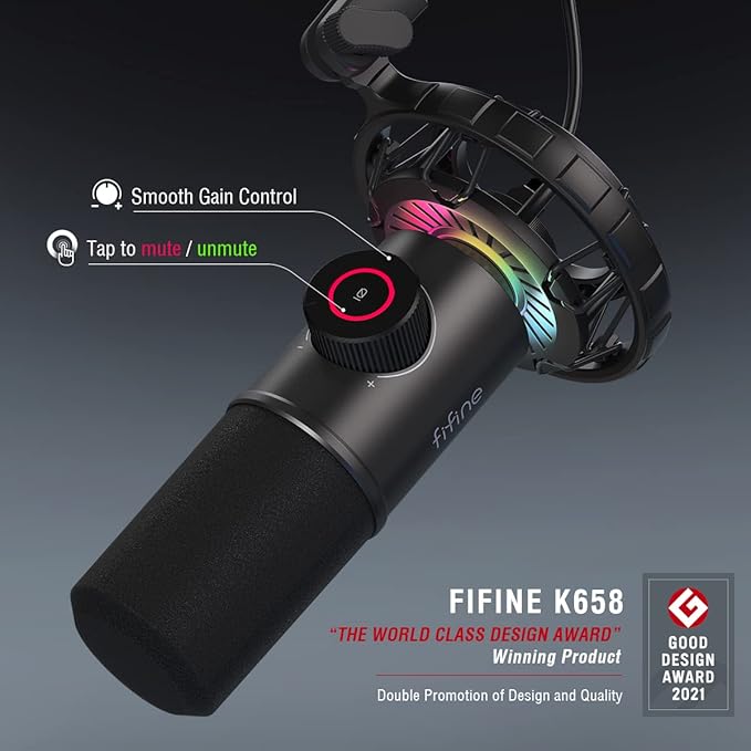 FIFINE USB Gaming Microphone, RGB Dynamic Mic for PC