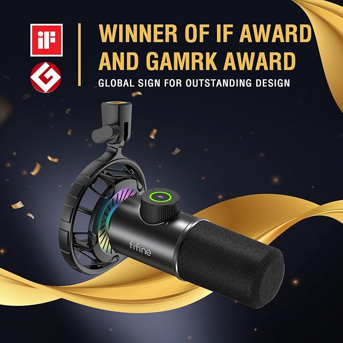 FIFINE USB Gaming Microphone, RGB Dynamic Mic for PC